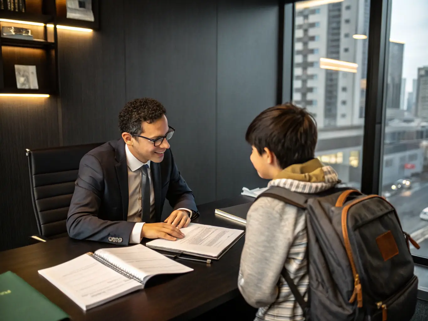 An image of a legal advisor consulting with a survivor, reviewing documents in a supportive environment, representing legal assistance and advocacy services.
