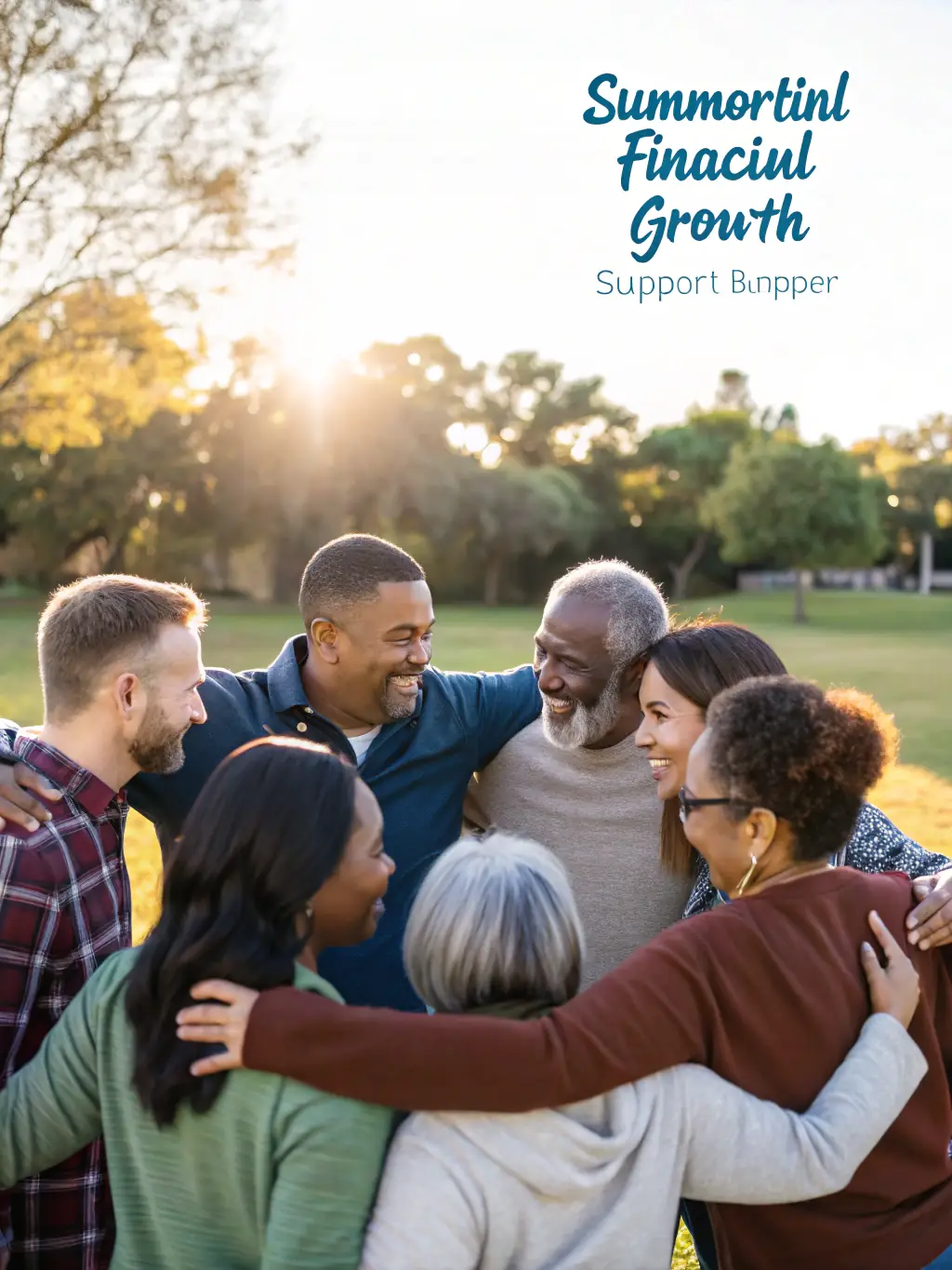 A photograph of a diverse group of people, symbolizing community support, standing together with arms linked, set against a blurred background of a city skyline at sunset. This image represents the collective effort to support survivors.