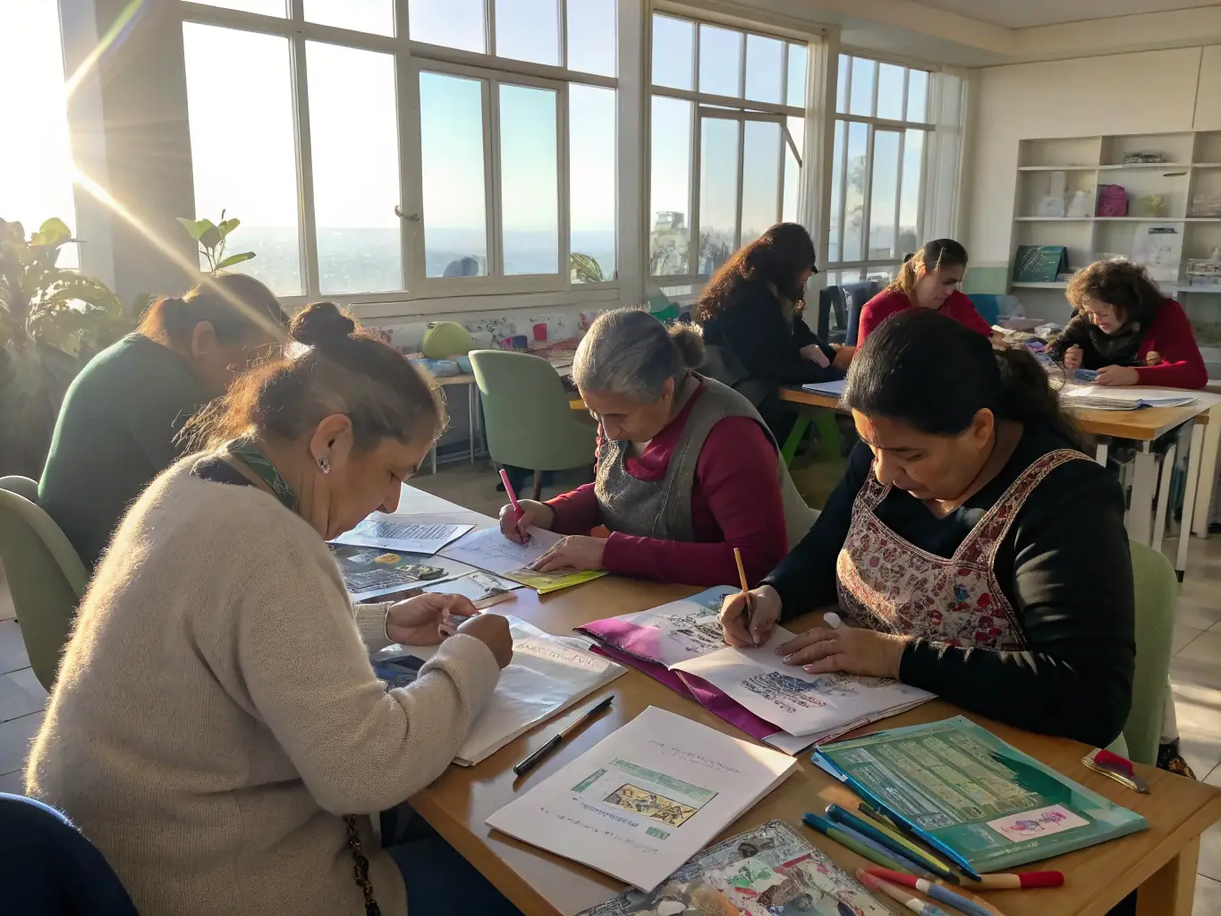 An image of survivors participating in a vocational training session, learning new skills in a classroom setting, illustrating job training and educational programs.